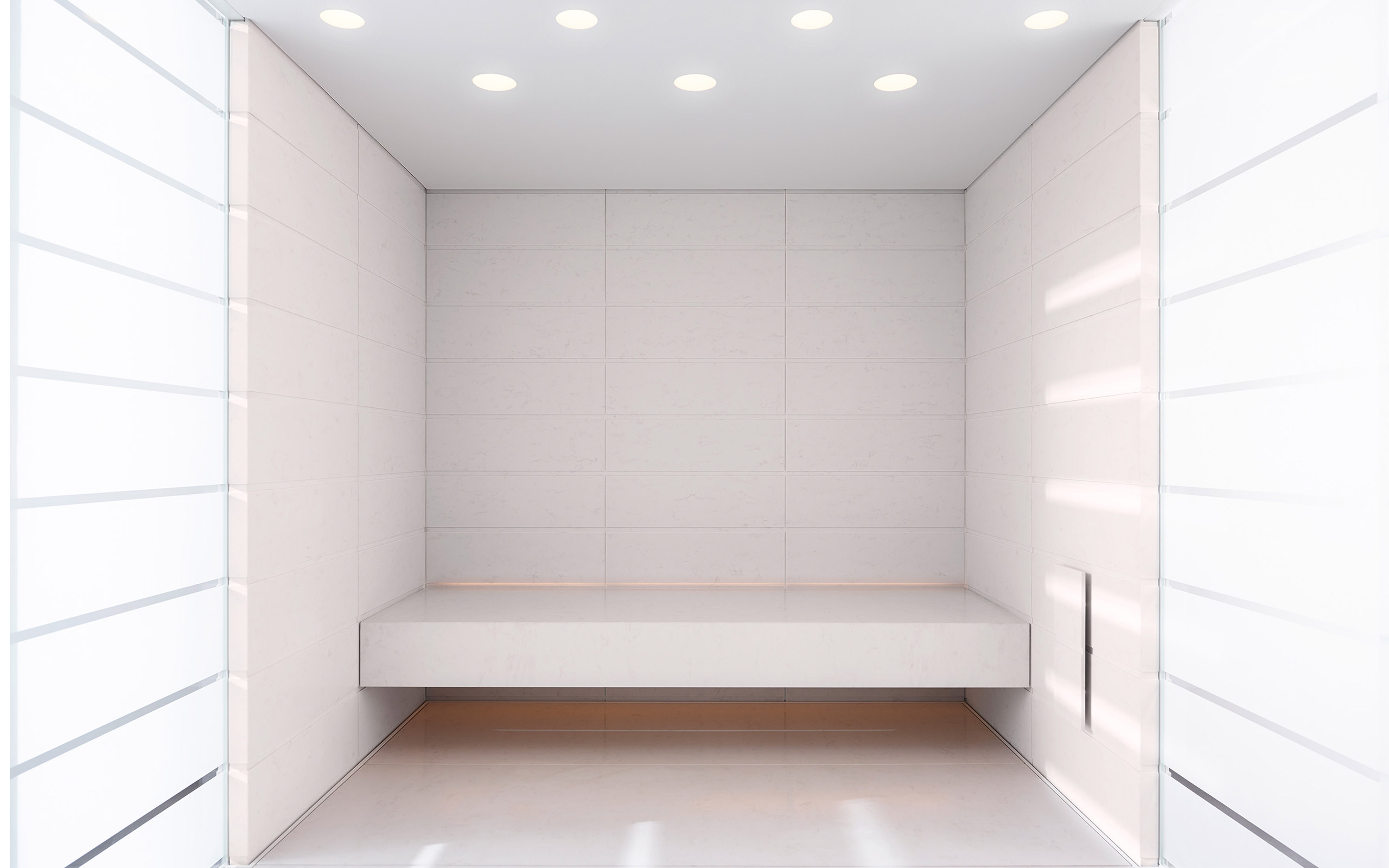 Notranjost Turške oz parne savne Klafs Matteo Thun bela savna, minimalistična savna, najvišji rang kakovosti savnanja, savna za doma, savna ki na vsakega pusti vtis