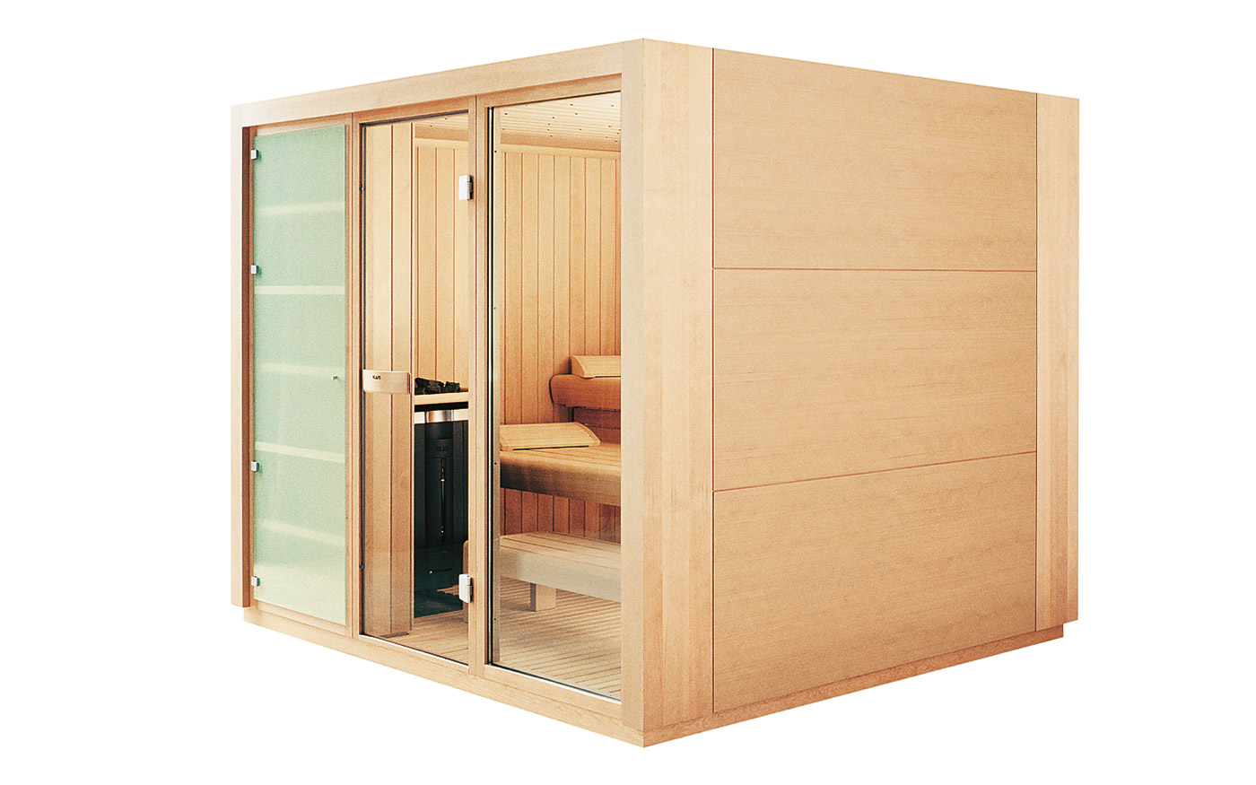 Savna Klafs Proteo veliki leseni paneli, minimalistična zasnova. Slika savne na beli podlagi.