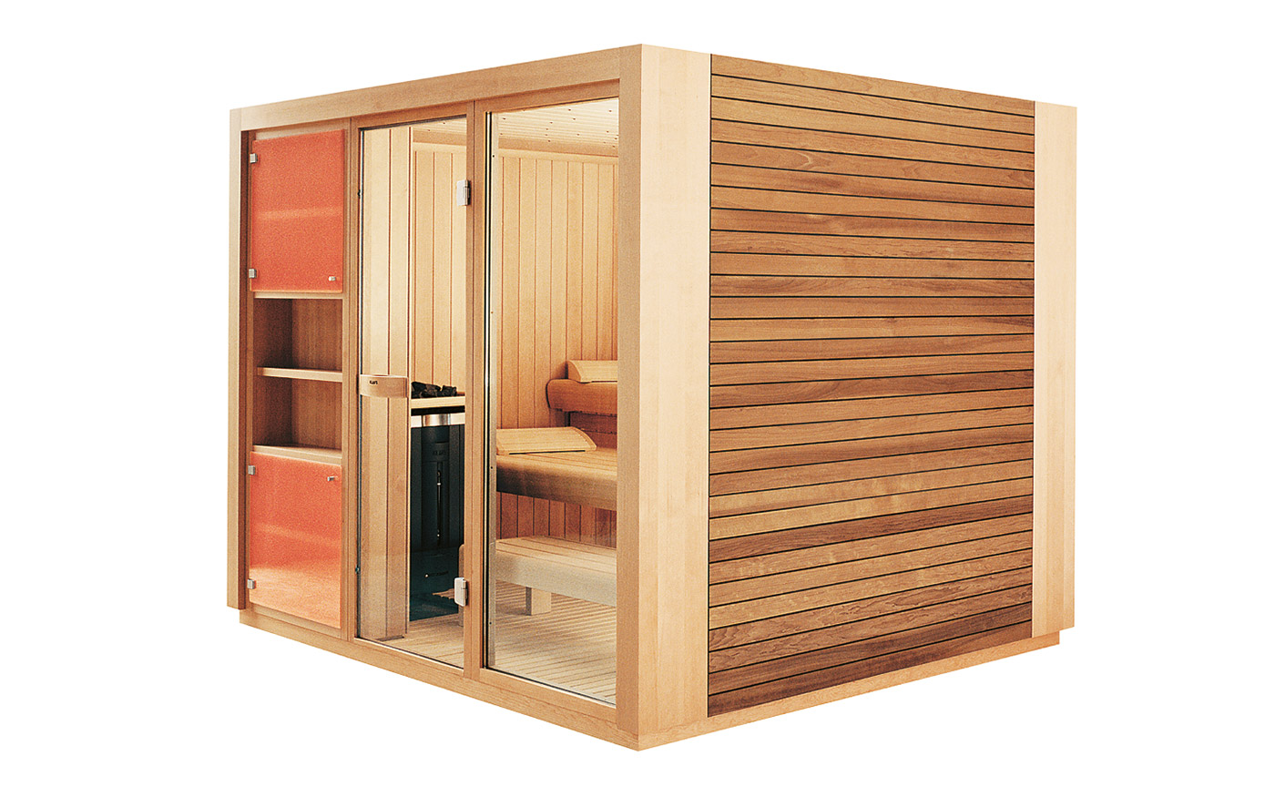 Savna Klafs Proteo veliki leseni paneli, minimalistična zasnova. Slika savne na beli podlagi.