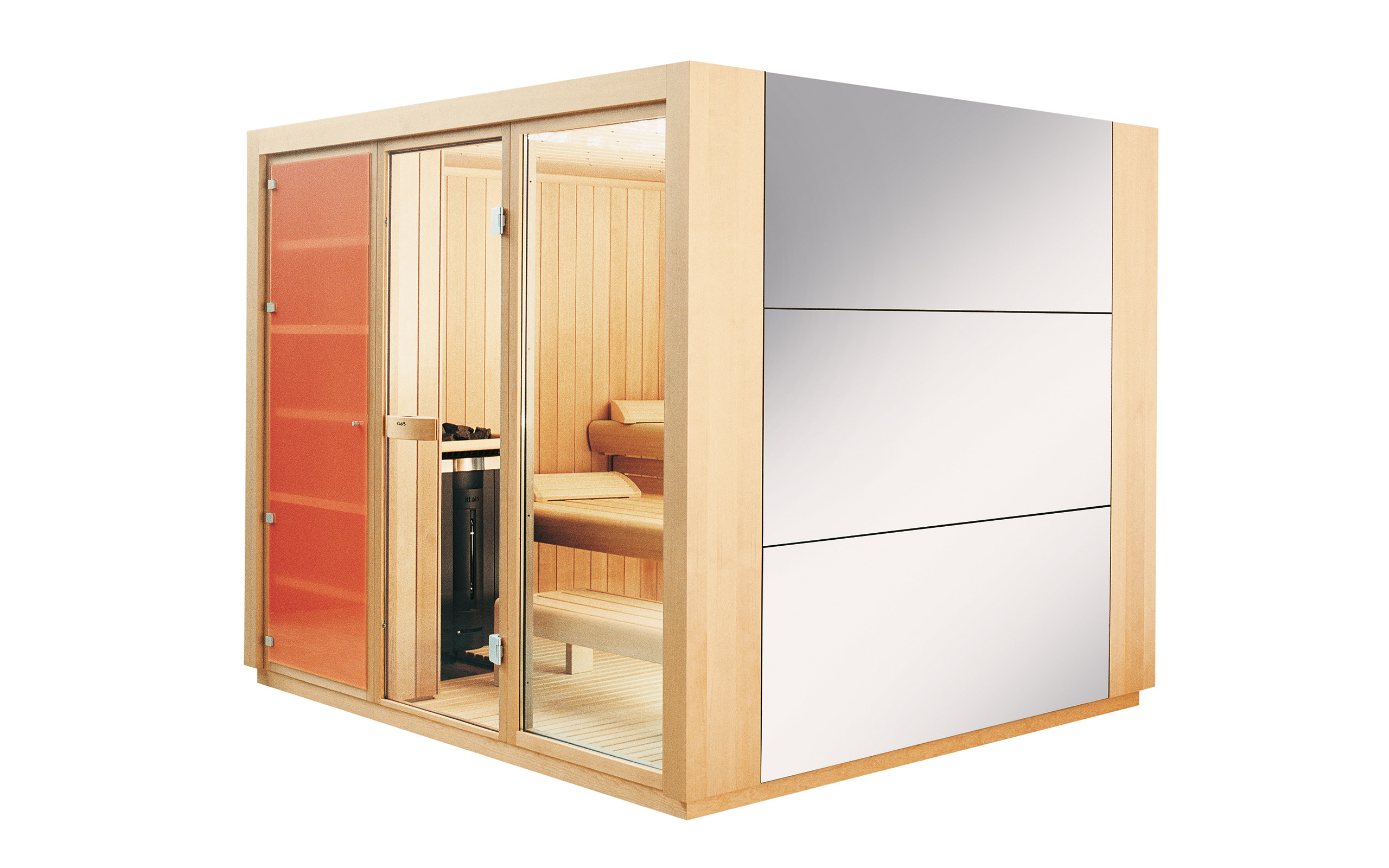 Savna Klafs Proteo veliki leseni paneli, minimalistična zasnova. Slika savne na beli podlagi.