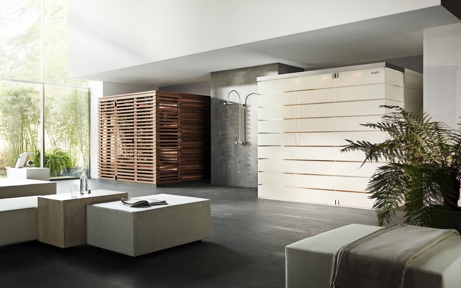 Savna klafs Matteo Thun - Finska in Turška umeščeni v skupen prostor, delujeta med seboj harmonično. Finska lesena savna in bela turška savna. Minimalistično zasnovano okolje z okrasnim praprotom.